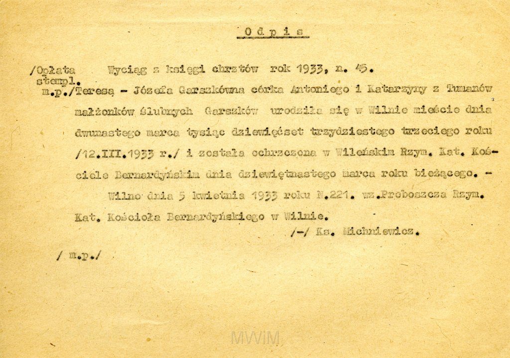 KKE 5829.jpg - Dok. Odpis z aktu Chrztu Teresy-Józefy Graszko (z domu Rogala), Warszawa, lata 60-te XX wieku.